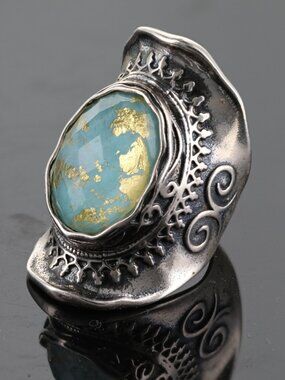 OR PAZ Byzantine-style ring sterling silver Roman stone w/Gold leaf sz 6.5